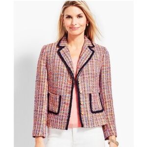 Talbots Contrast Trim Tweed Blazer Jacket Size 2p Pink Blue Nautical Office Work